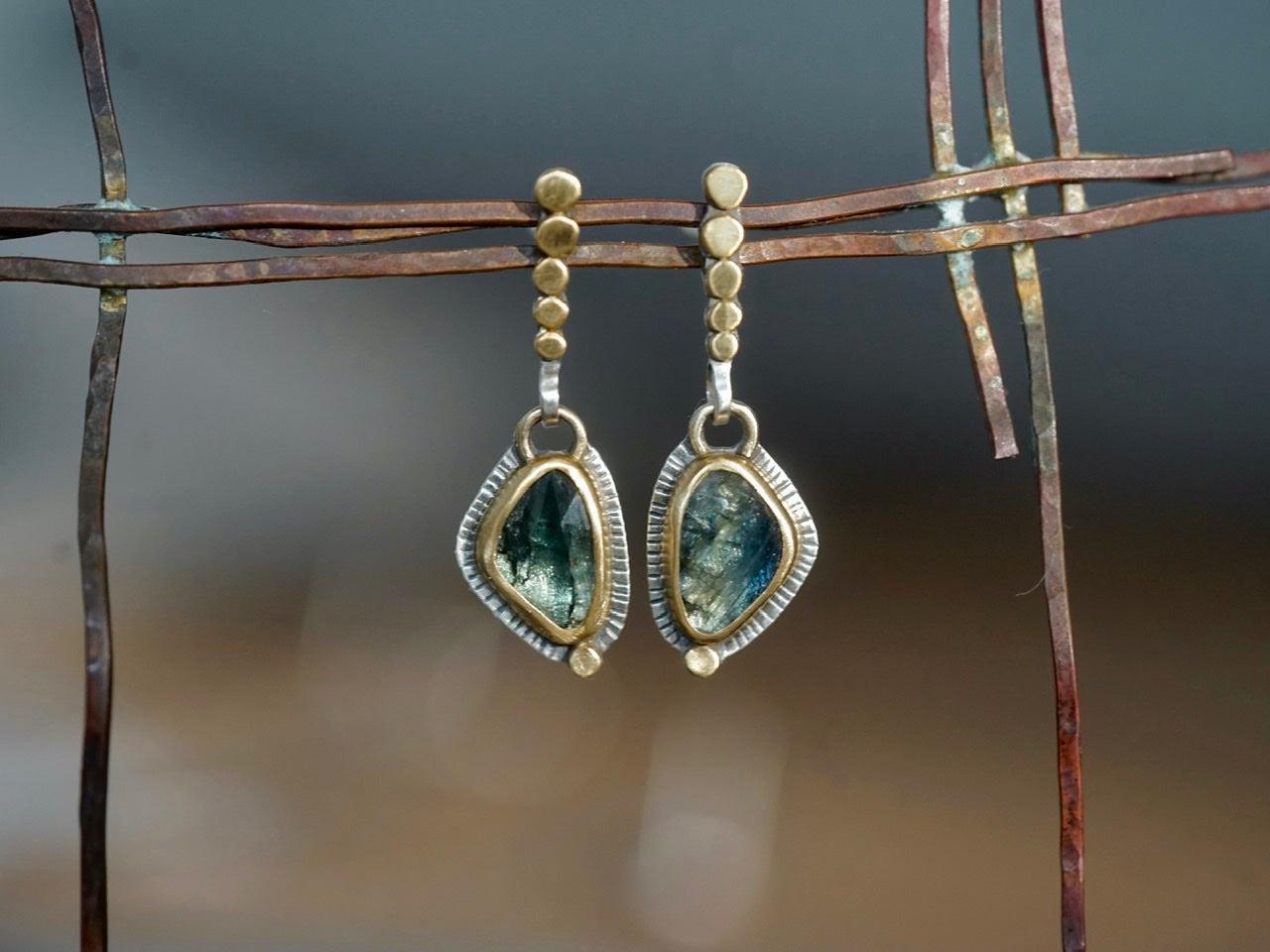 Blue green sapphire and 22k gold earrings