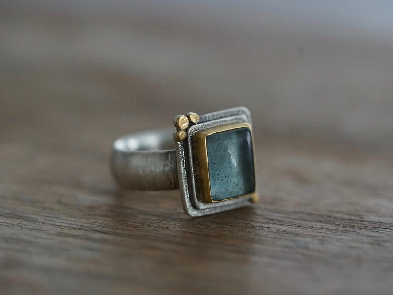 Rectangular aquamarine and 22k gold statement ring, size 7.5