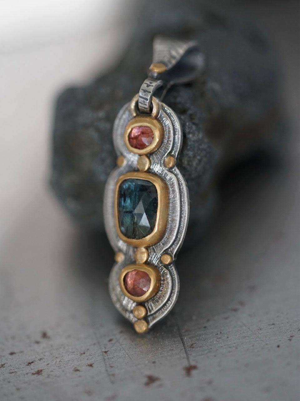 Sapphire and spinel pendant with 22k gold accents