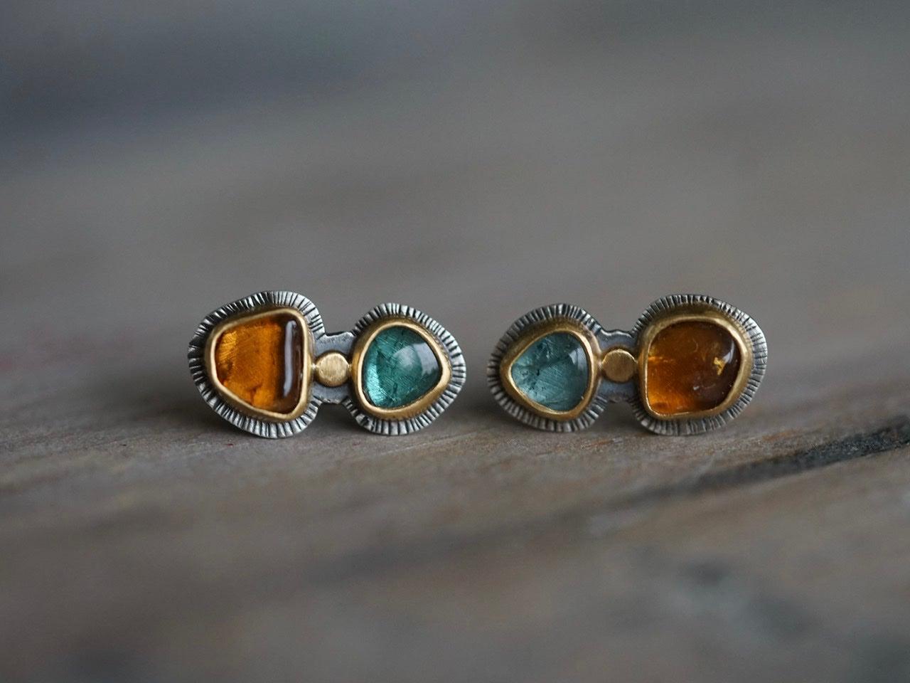 Teal and ochre tourmaline in 22k gold post earrings