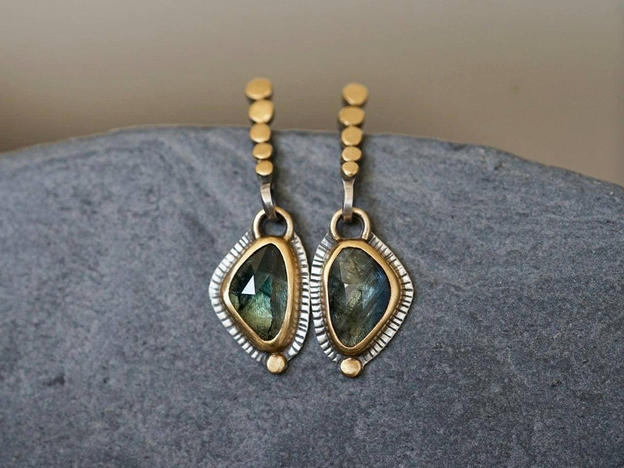 Blue green sapphire and 22k gold earrings