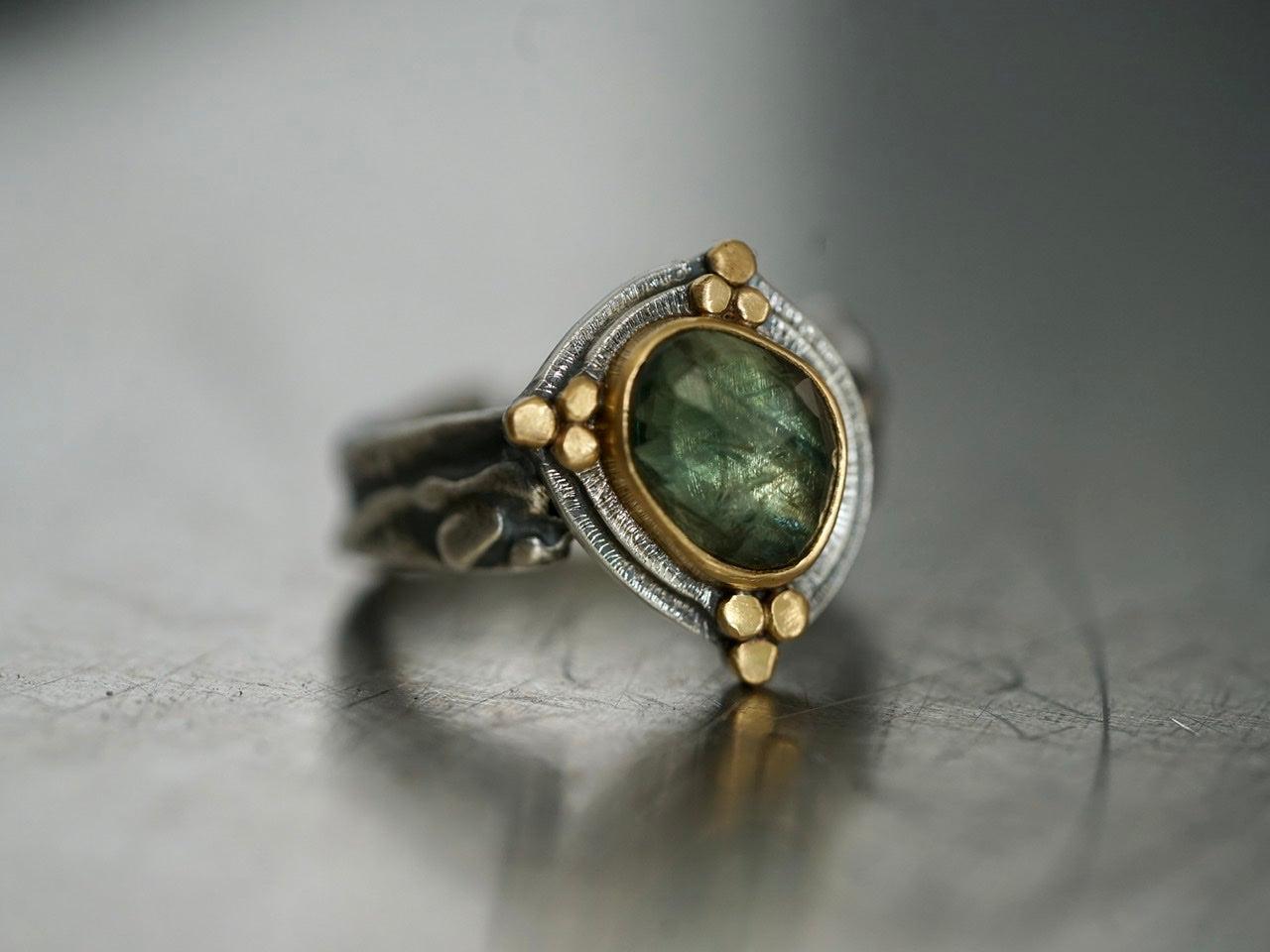 Opulent semi-translucent green blue sapphire an 22k gold ring, size 7