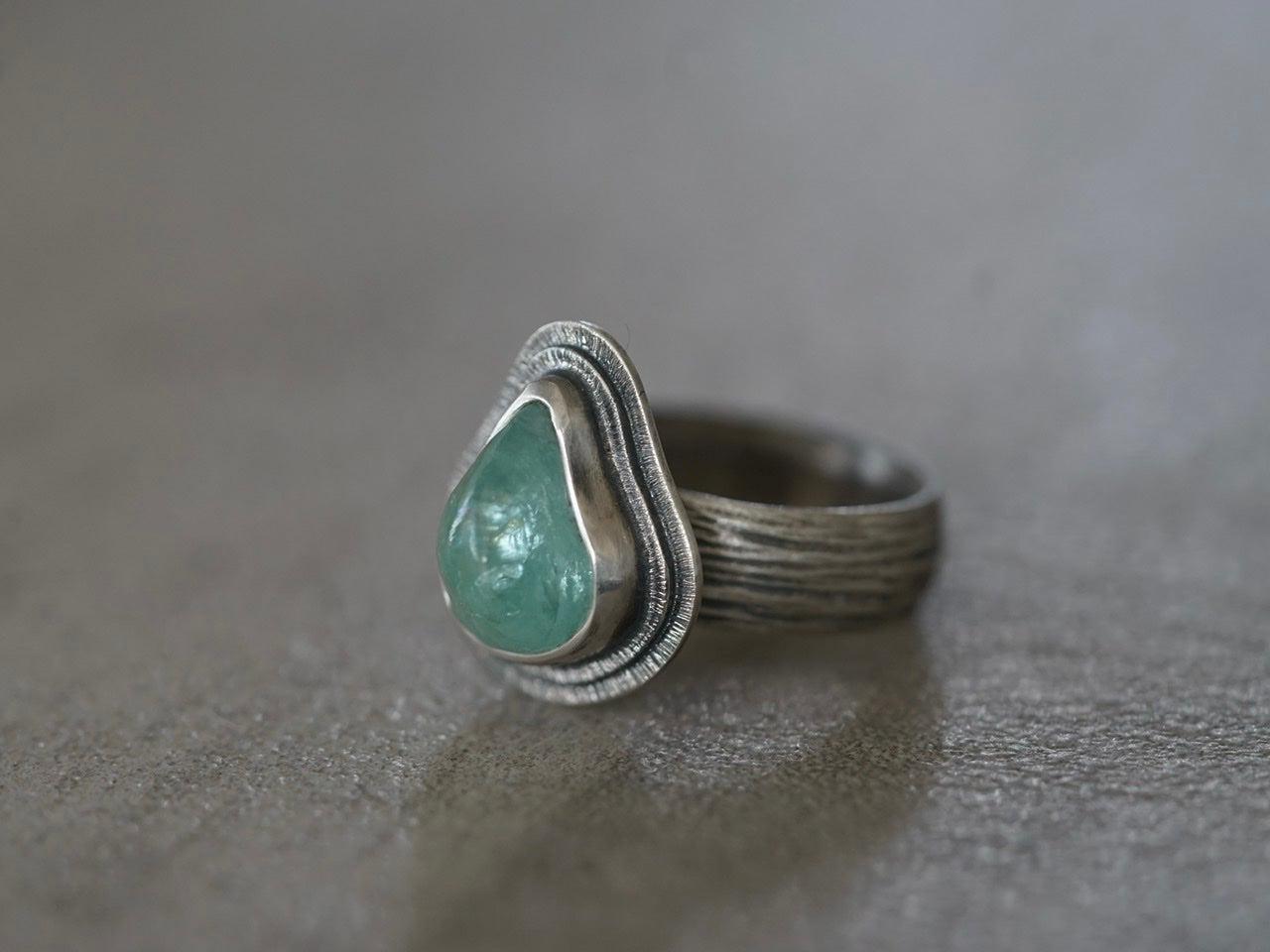 Carved aqua blue tourmaline ring, size 6.75