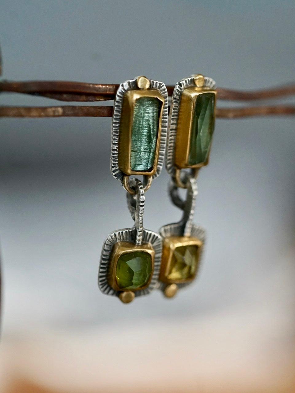 RESERVED for Ness, payment 2/2 Green tourmaline and 22k gold dangly drop earrings