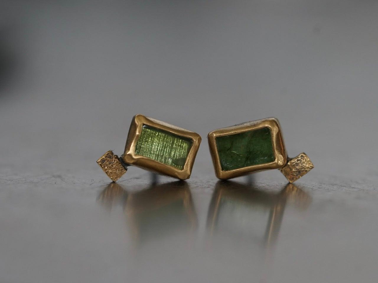 Small green tourmaline and 22k gold post earrings