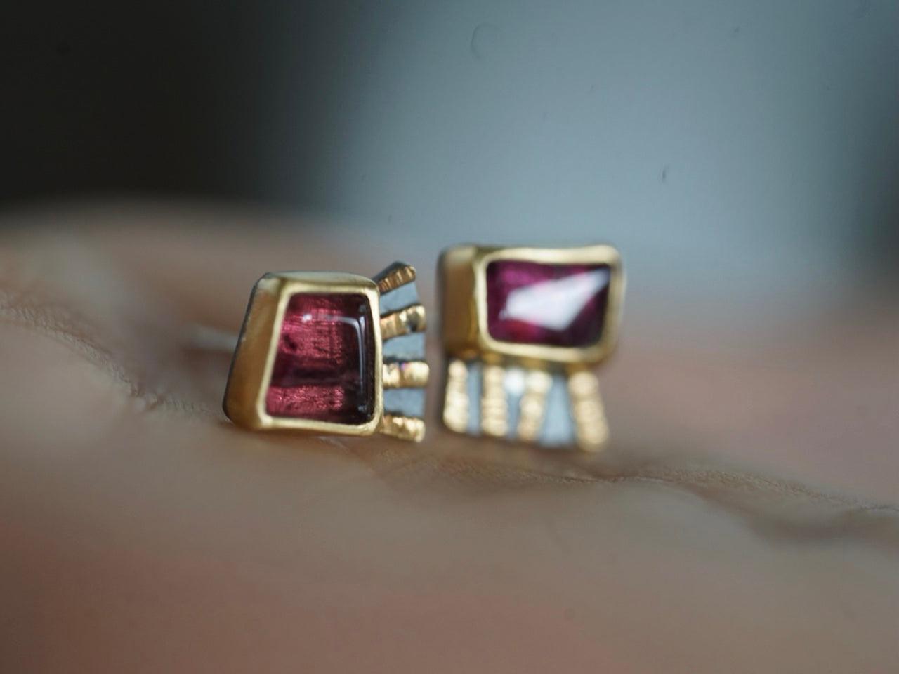 Fuchsia tourmaline and 22k gold asymmetrical post earrings