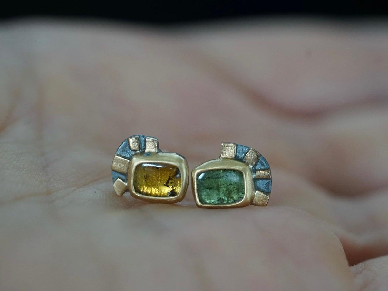 Green and yellow tourmaline with22k gold post earrings