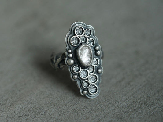 White spinel multilayered sterling silver statement ring, size 6.5