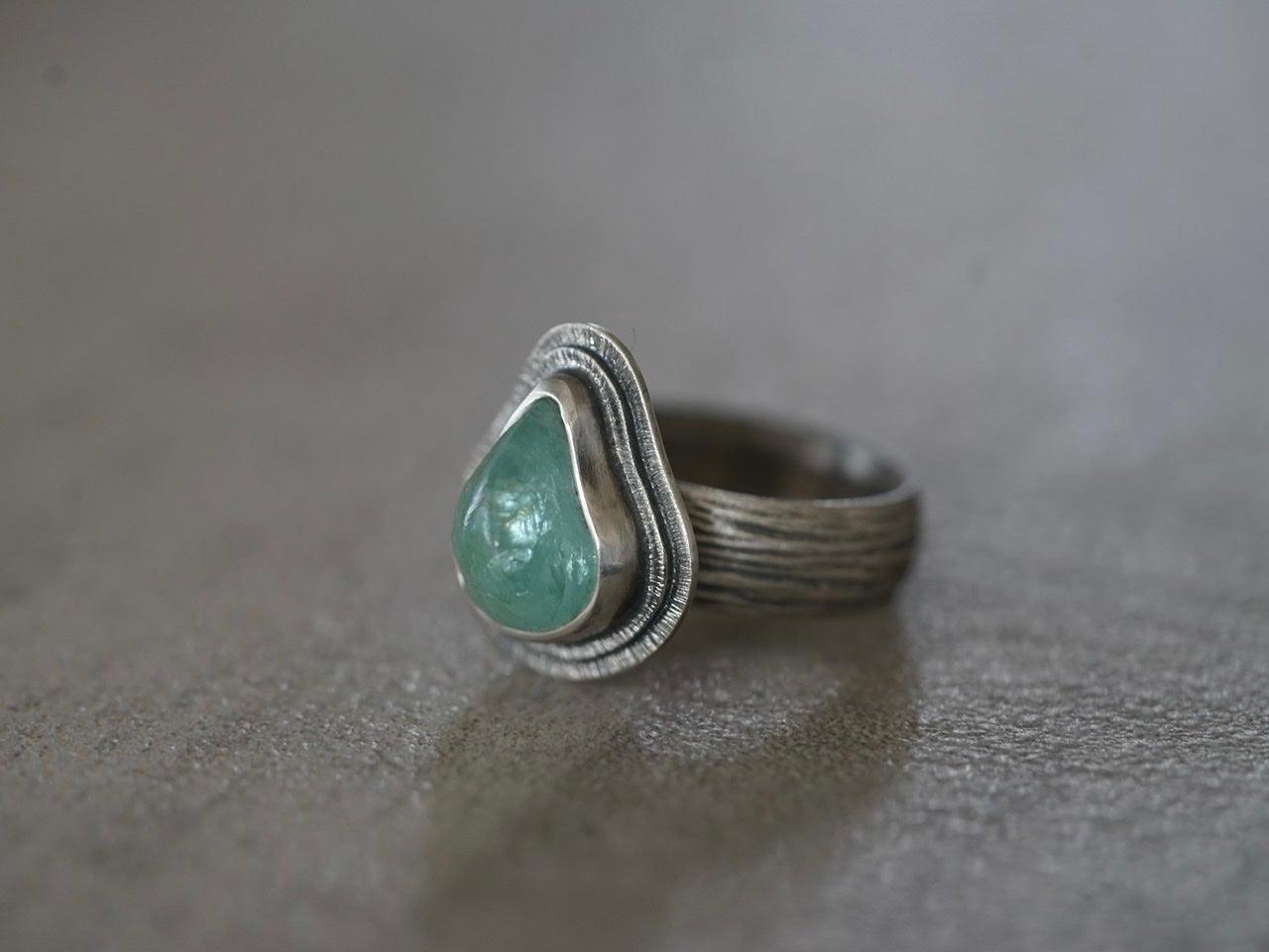 Carved aqua blue tourmaline ring, size 6.75