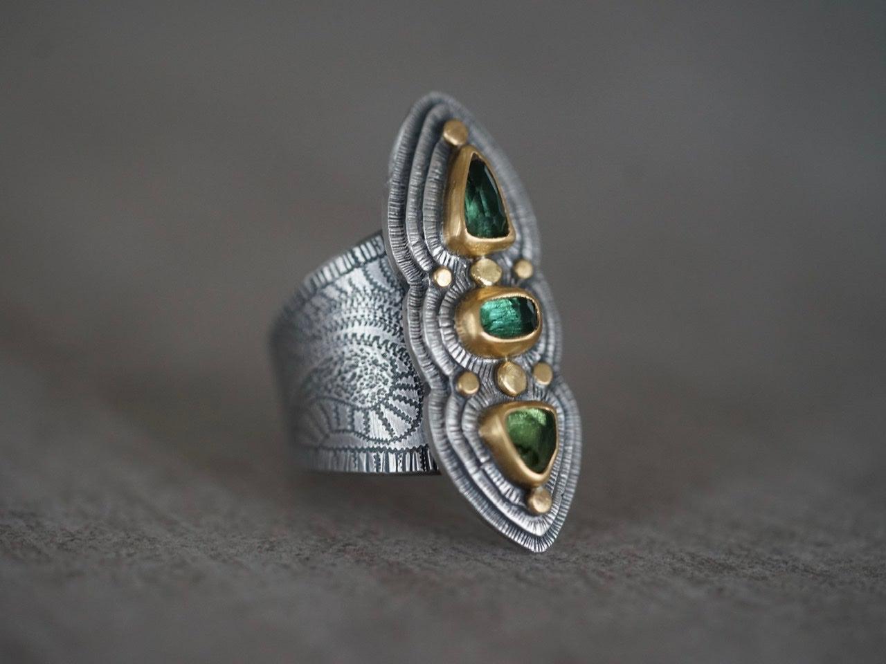 Wide green tourmaline statement ring, size 8.25