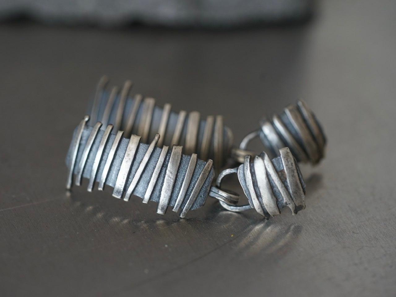 Remnants/ withered series, horizontal  stripes sterling silver earrings