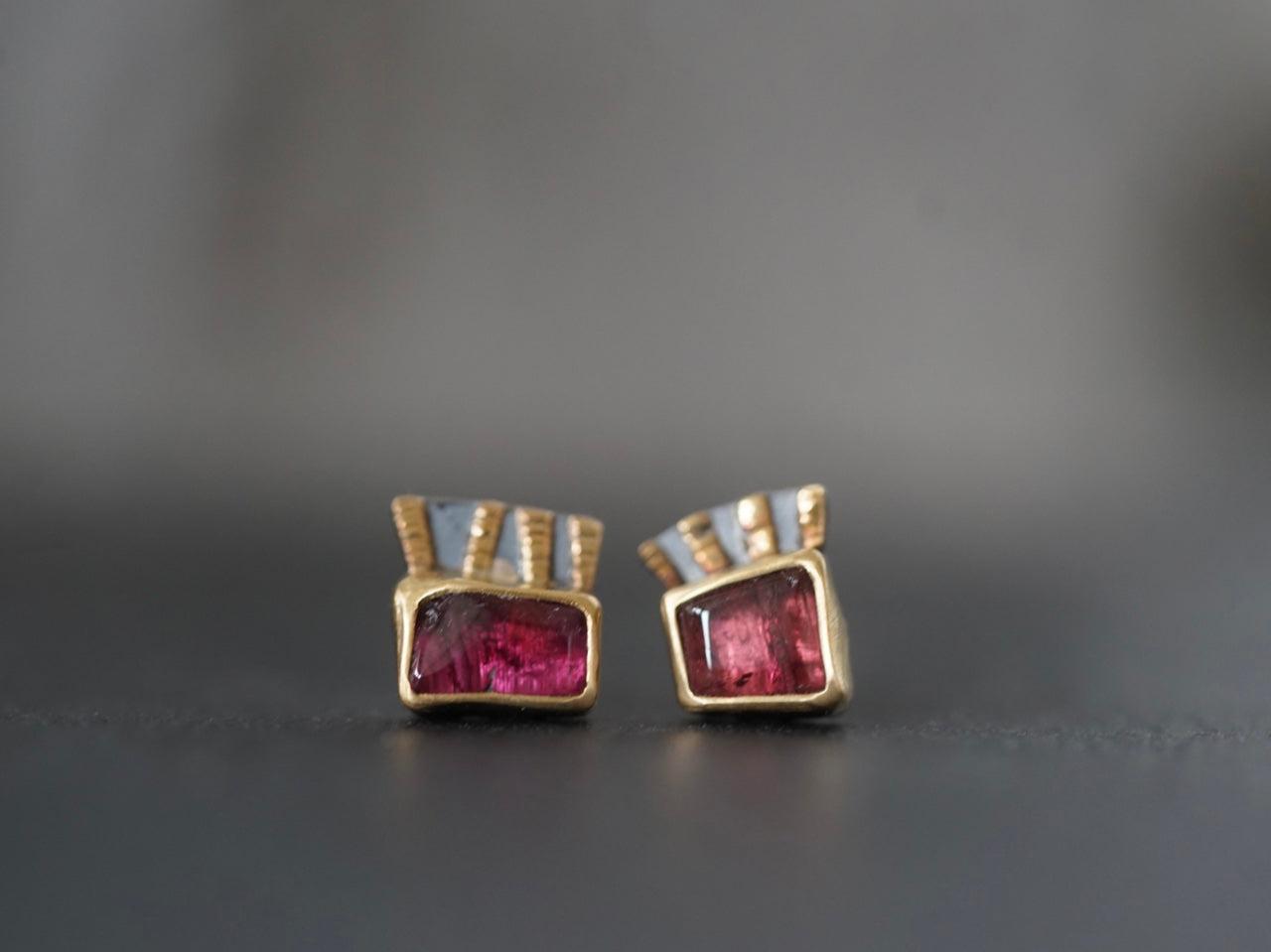 Fuchsia tourmaline and 22k gold asymmetrical post earrings