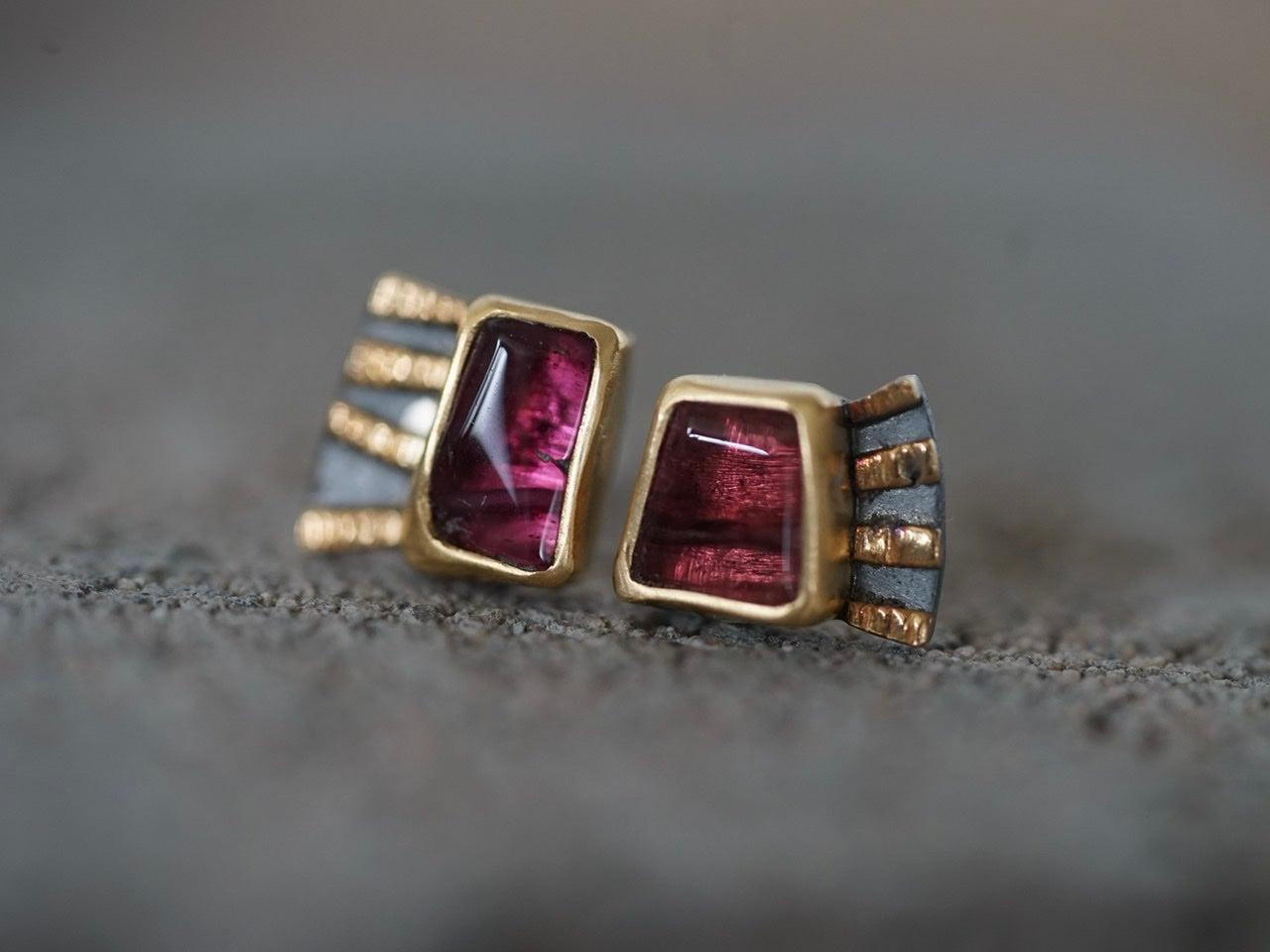 Fuchsia tourmaline and 22k gold asymmetrical post earrings