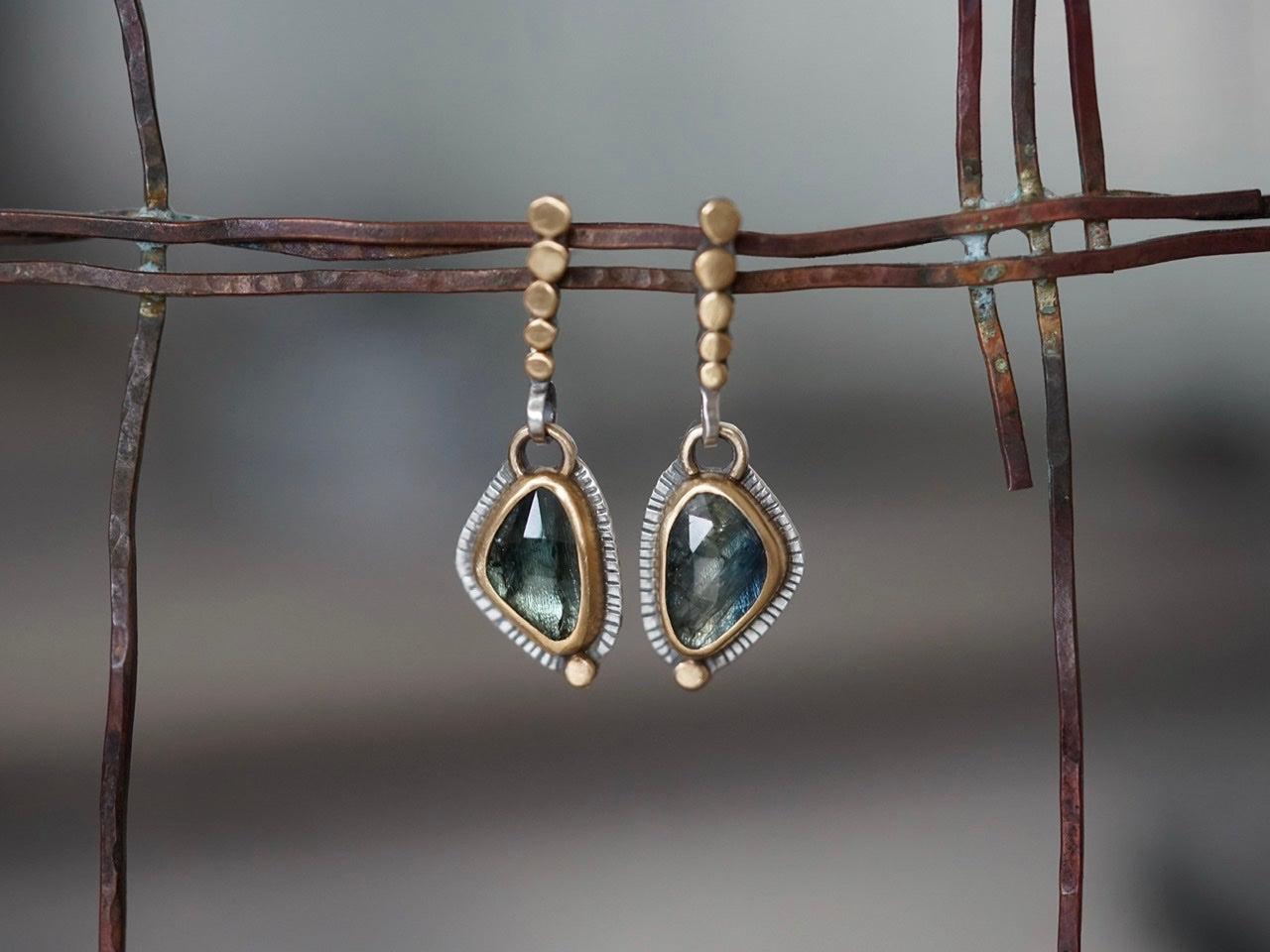 Blue green sapphire and 22k gold earrings