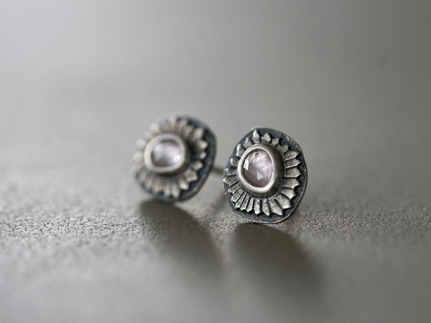 Lavender spinel and sterling silver floral earrings