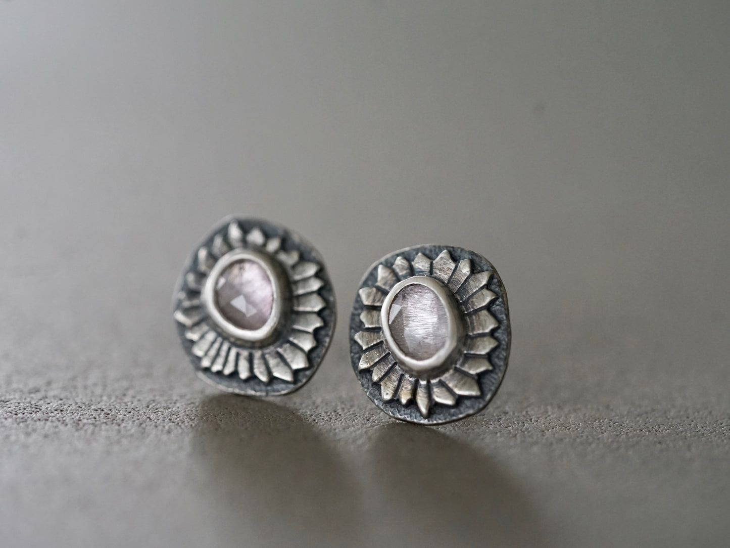 Lavender spinel and sterling silver floral earrings