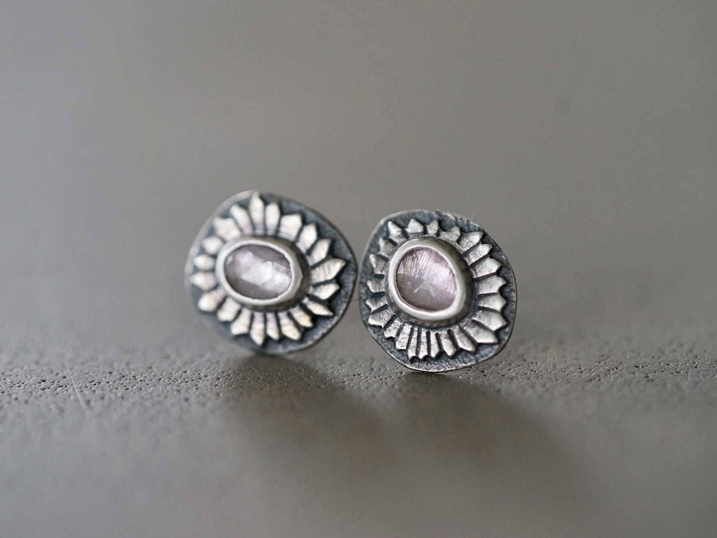 Lavender spinel and sterling silver floral earrings