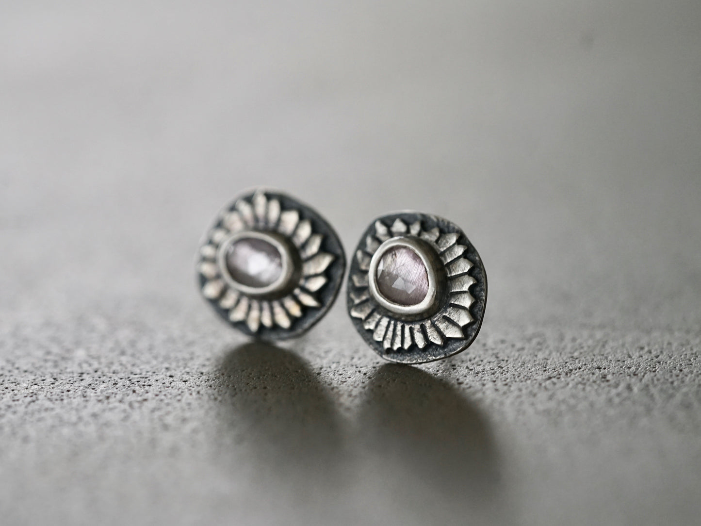 Lavender spinel and sterling silver floral earrings