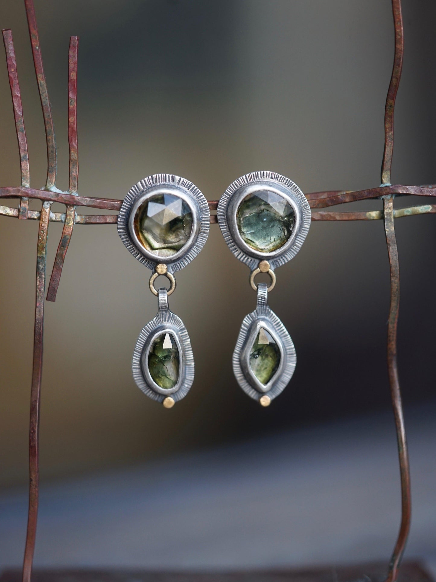 Green tourmaline earrings with 22k gold accents