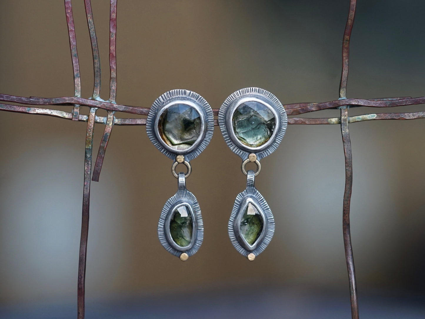 Green tourmaline earrings with 22k gold accents