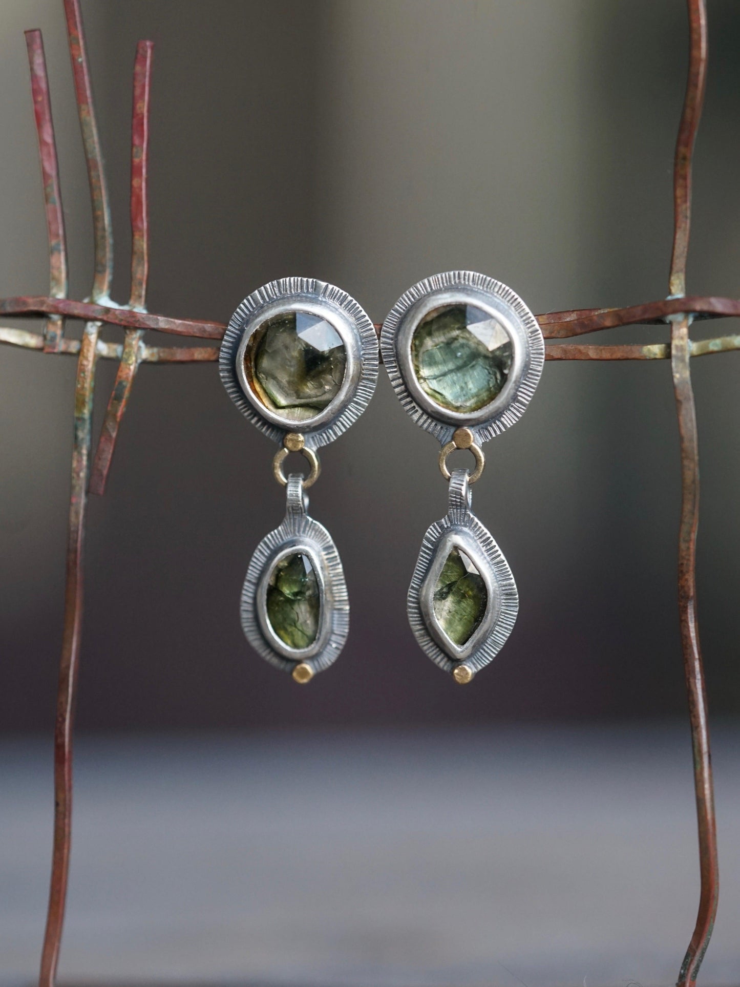 Green tourmaline earrings with 22k gold accents
