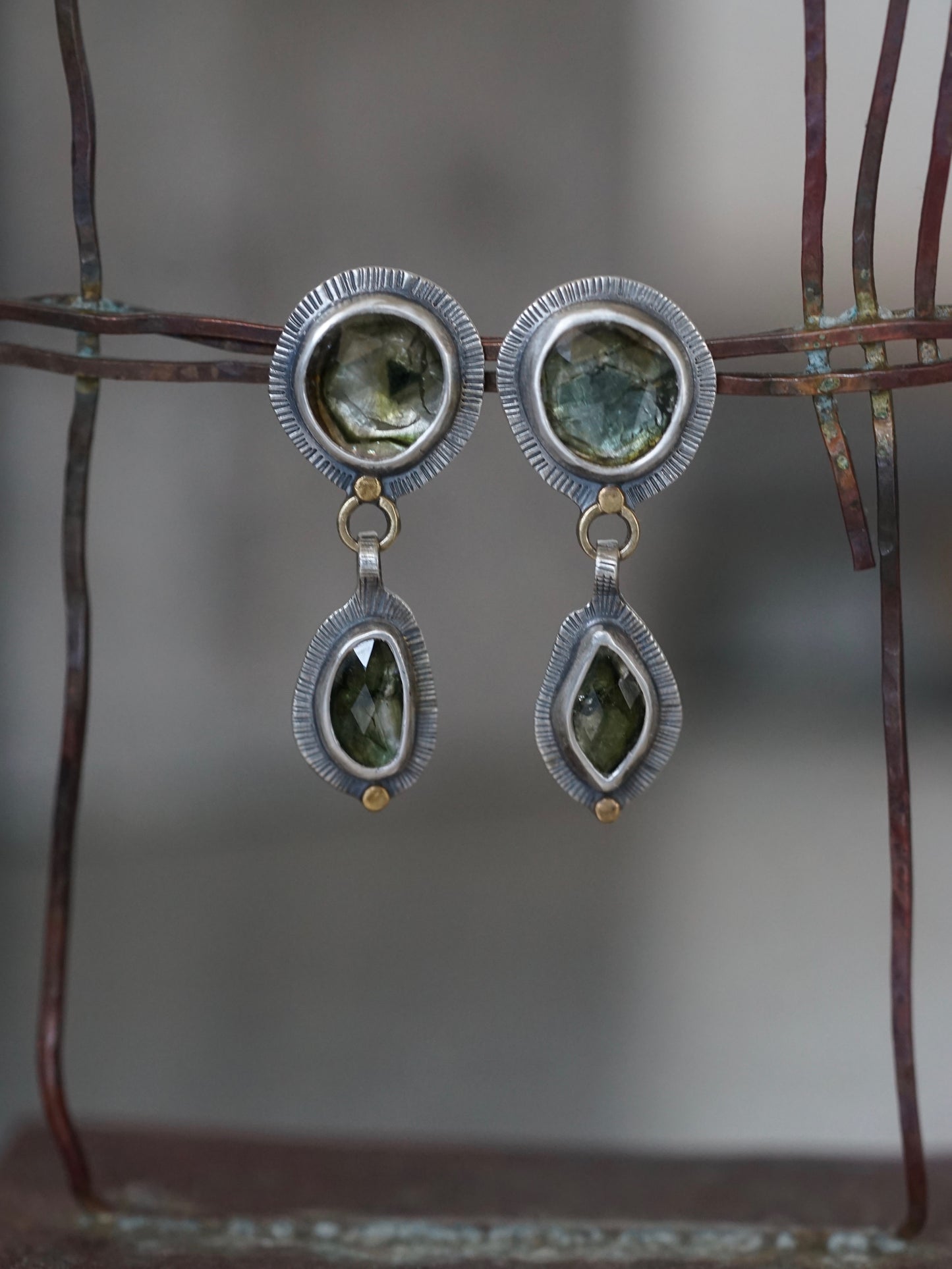 Green tourmaline earrings with 22k gold accents