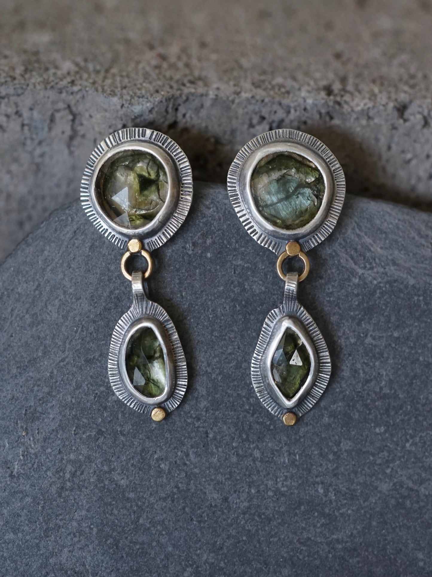 Green tourmaline earrings with 22k gold accents