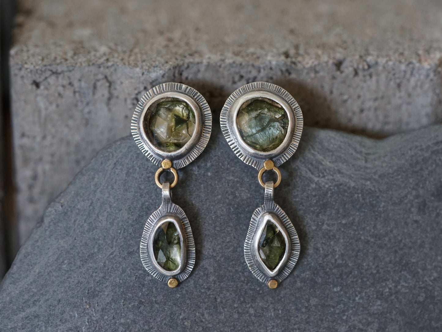 Green tourmaline earrings with 22k gold accents