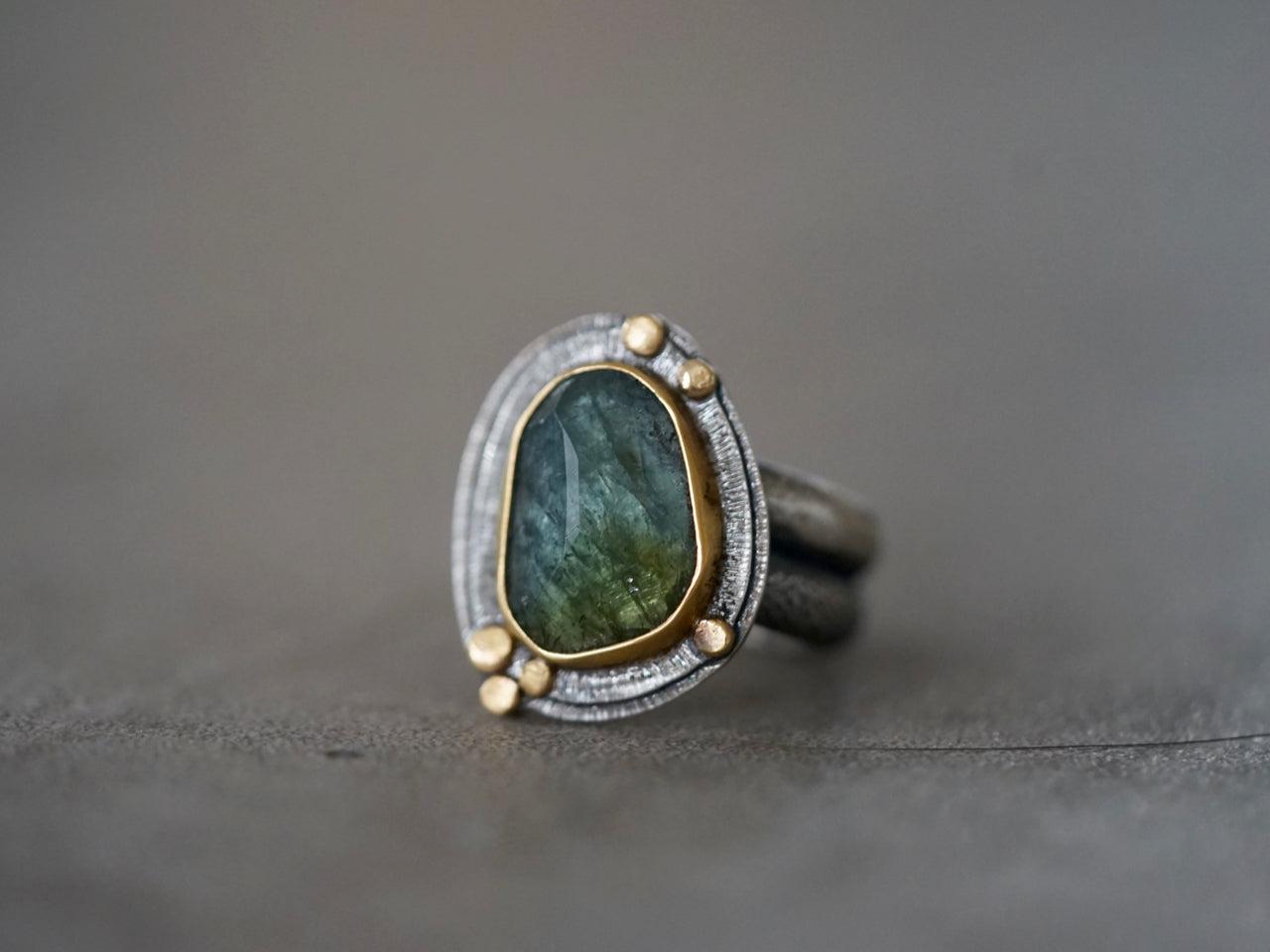 RESERVED Blue green Tourmaline and 22k gold ring, size 7