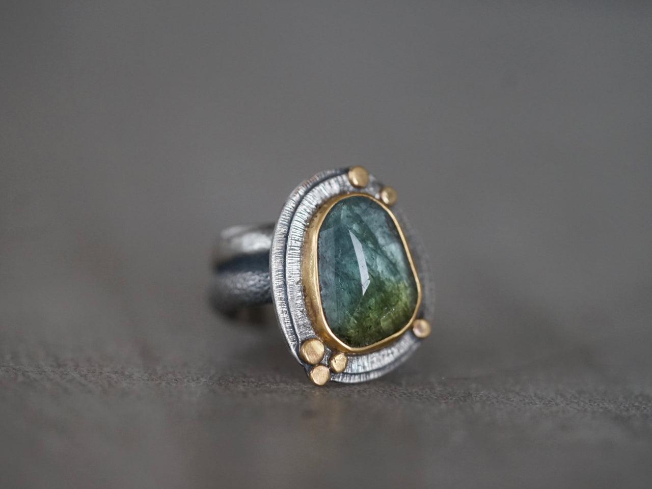 RESERVED Blue green Tourmaline and 22k gold ring, size 7