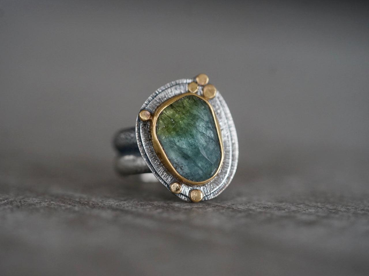 RESERVED Blue green Tourmaline and 22k gold ring, size 7