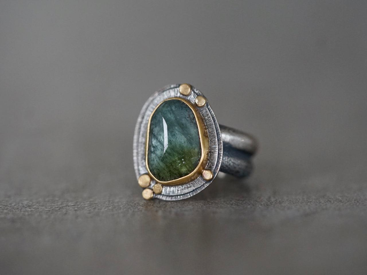 RESERVED Blue green Tourmaline and 22k gold ring, size 7