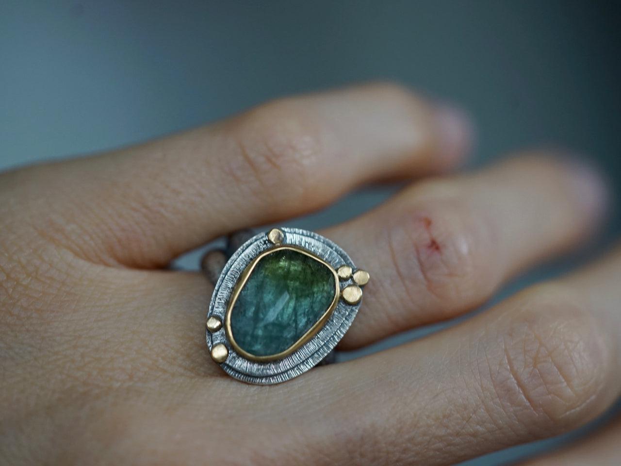 RESERVED Blue green Tourmaline and 22k gold ring, size 7