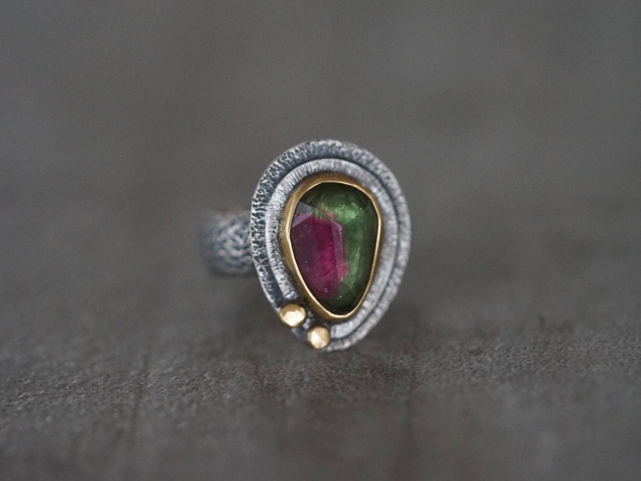 RESERVED bicoloured Tourmaline and 22k gold ring, size 6