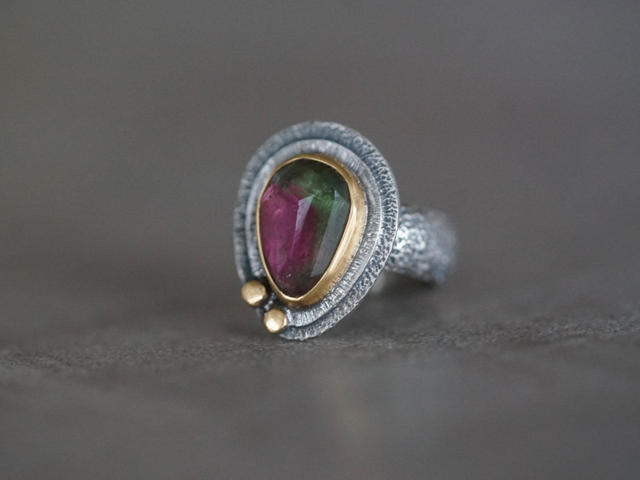 RESERVED bicoloured Tourmaline and 22k gold ring, size 6