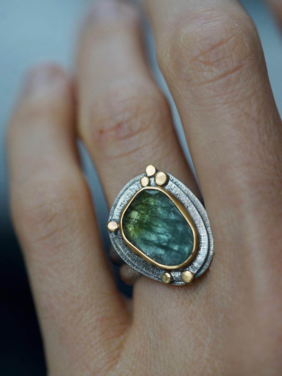 RESERVED Blue green Tourmaline and 22k gold ring, size 7