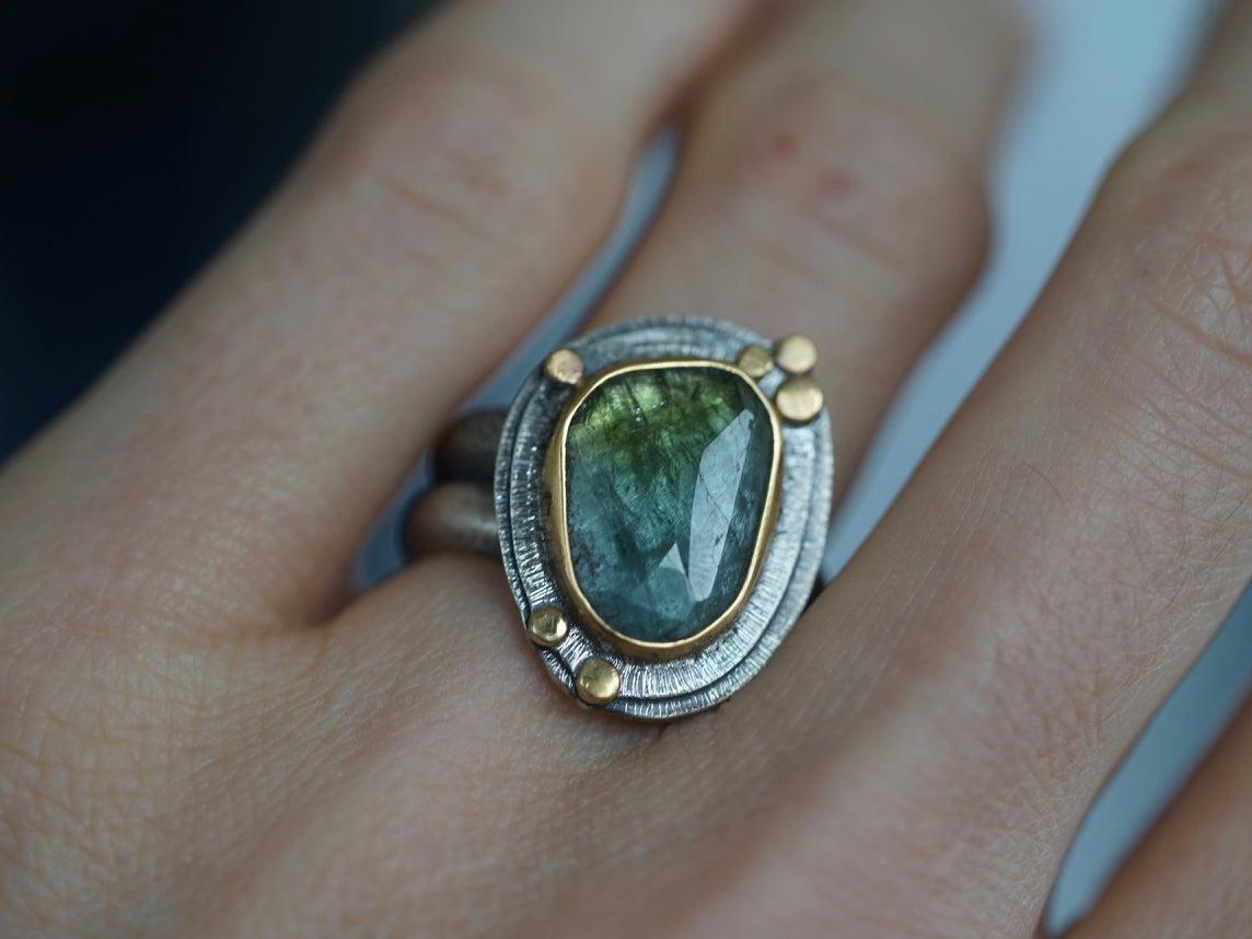RESERVED Blue green Tourmaline and 22k gold ring, size 7