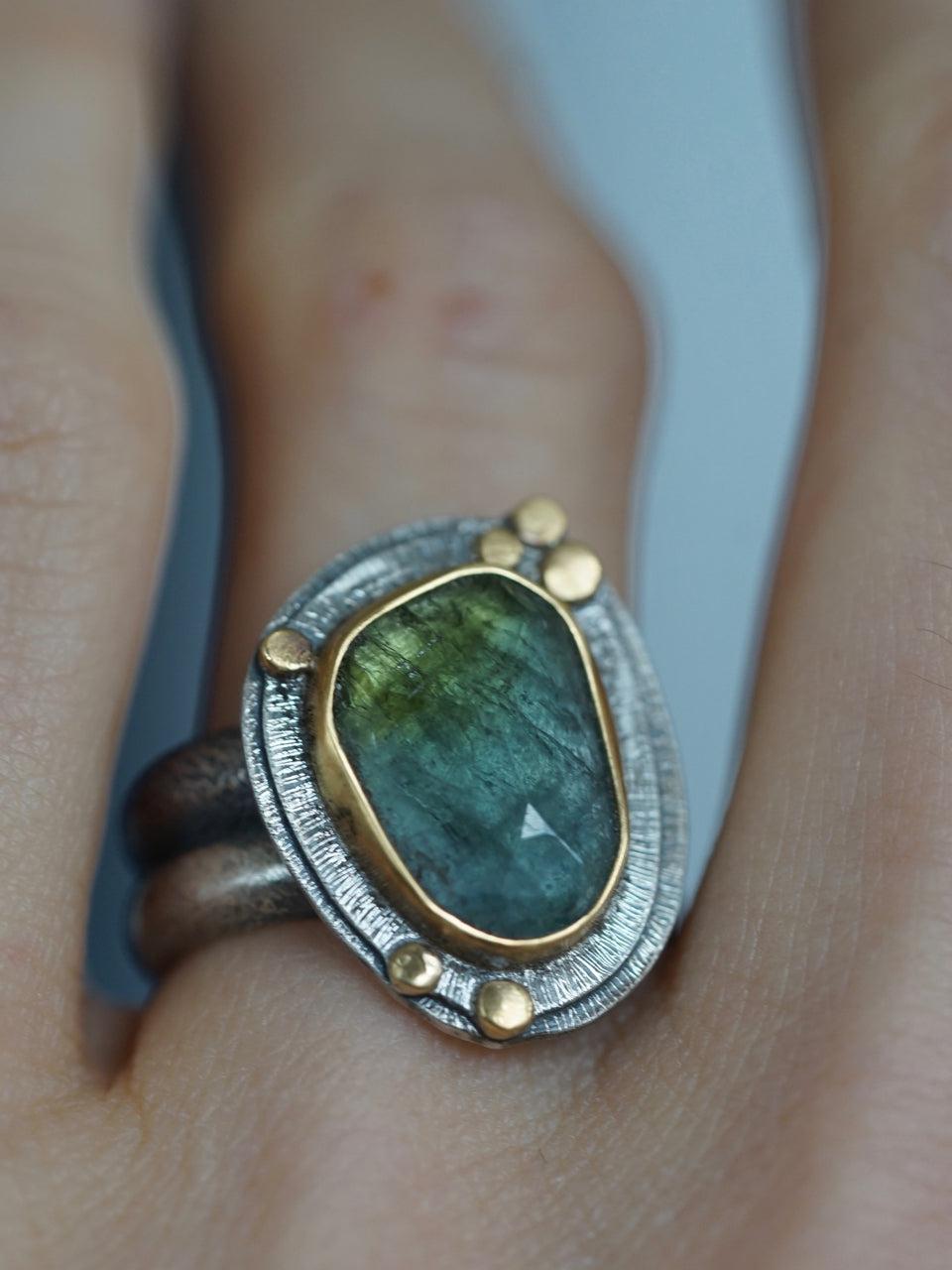 RESERVED Blue green Tourmaline and 22k gold ring, size 7