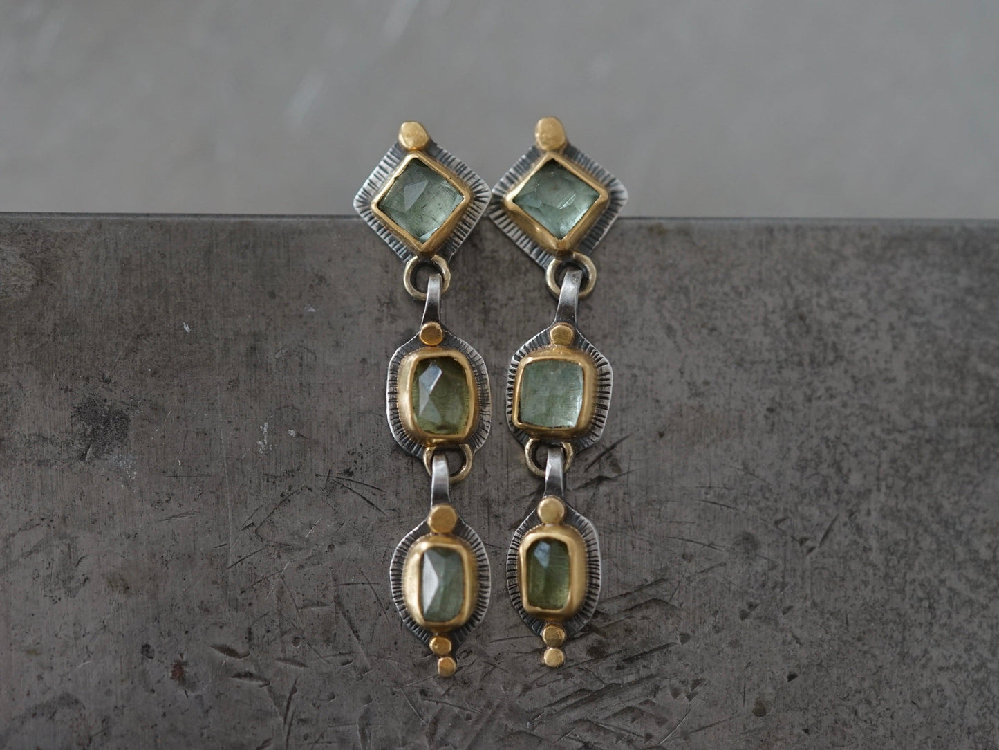 Dangly light green tourmaline and 22K gold earrings