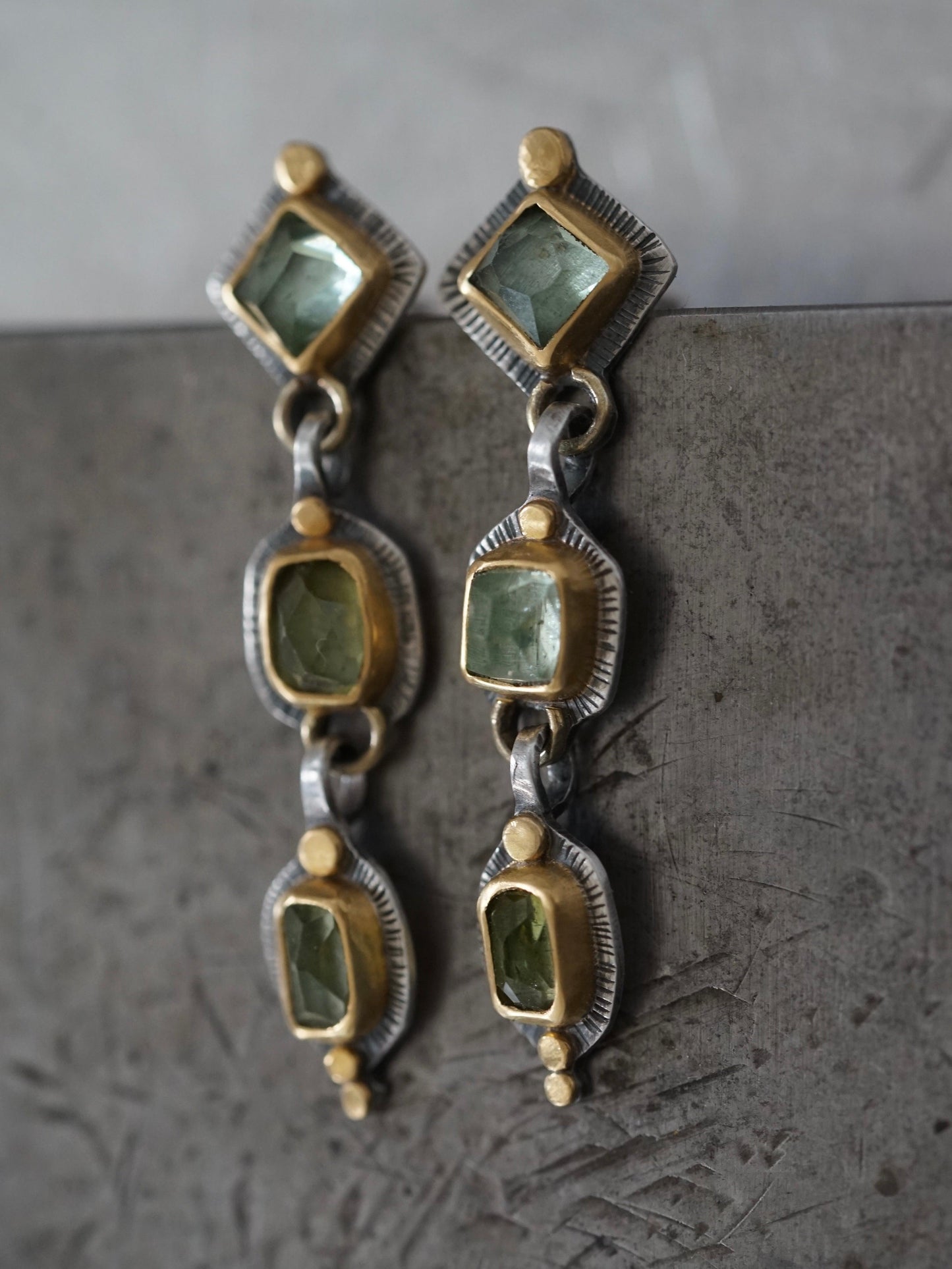 Dangly light green tourmaline and 22K gold earrings