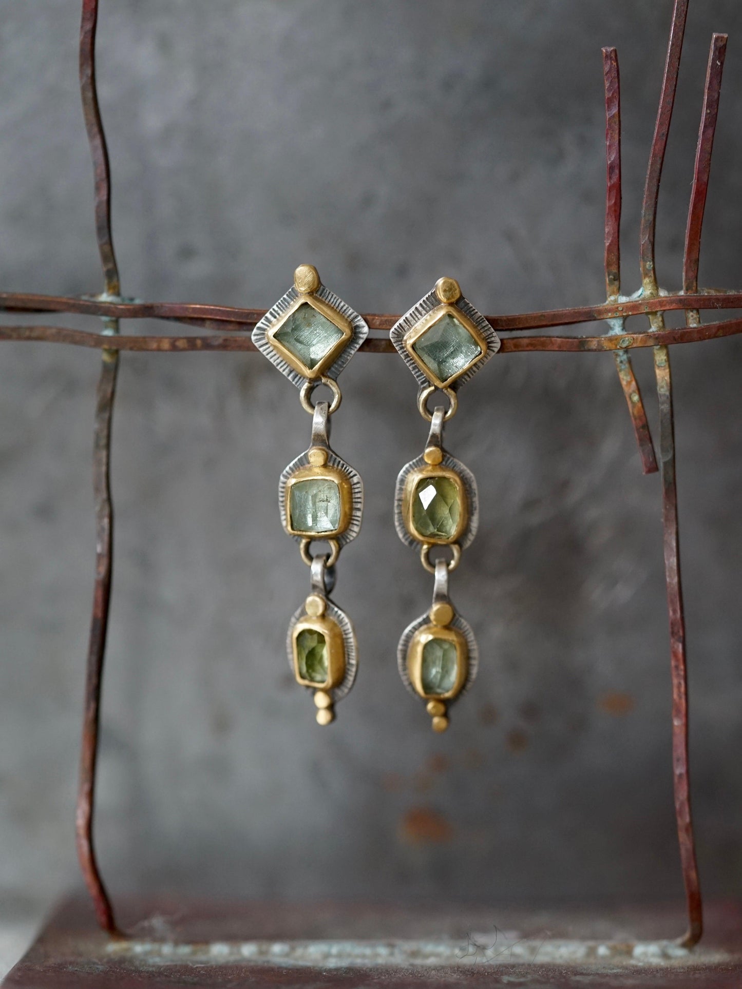 Dangly light green tourmaline and 22K gold earrings