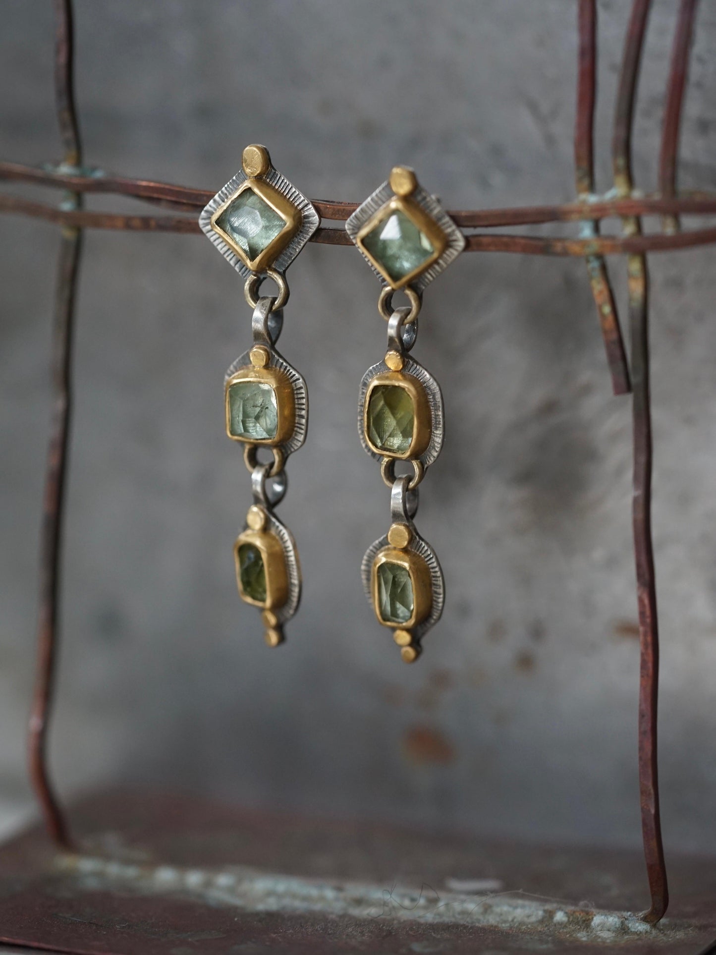 Dangly light green tourmaline and 22K gold earrings