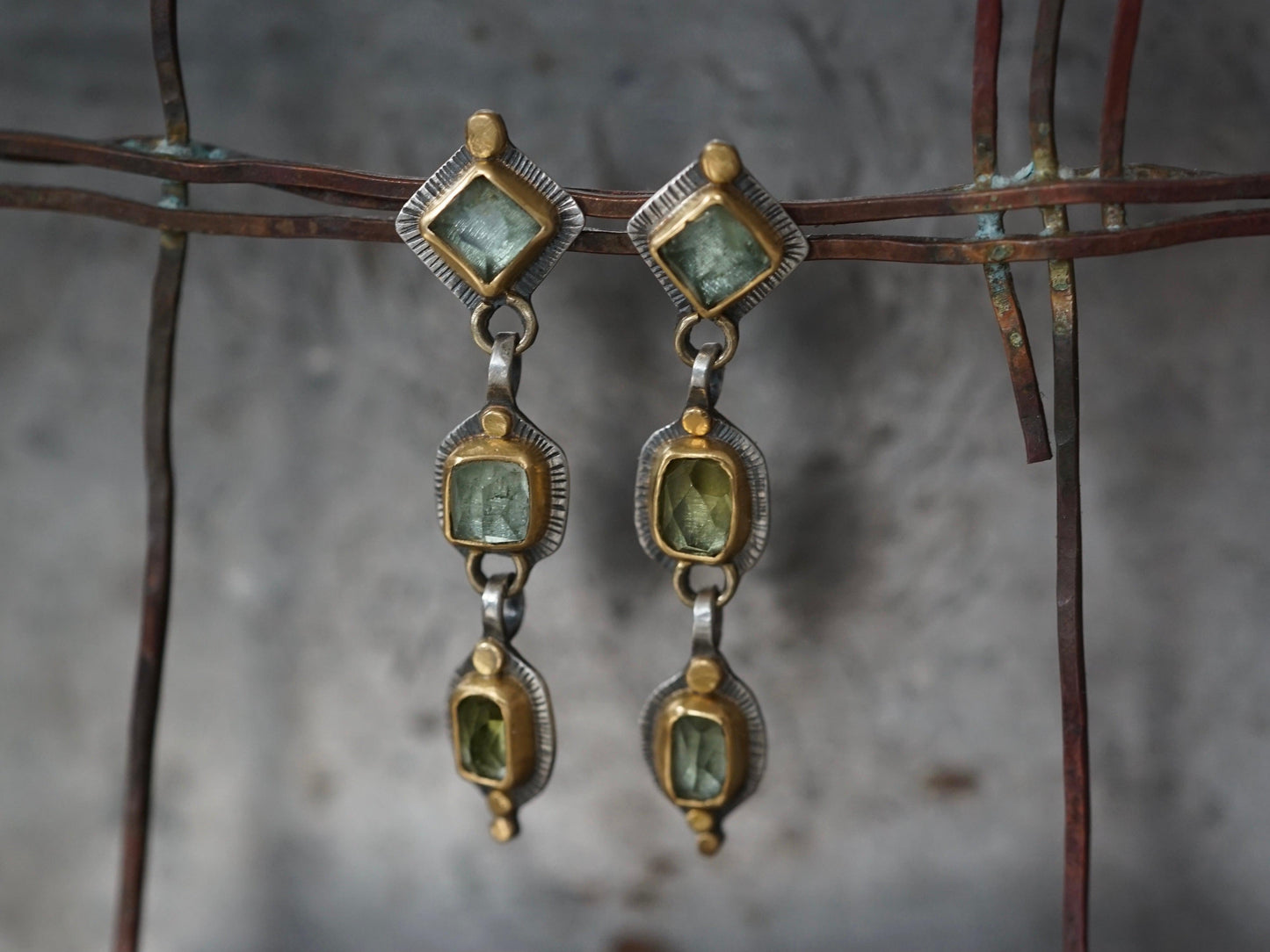 Dangly light green tourmaline and 22K gold earrings