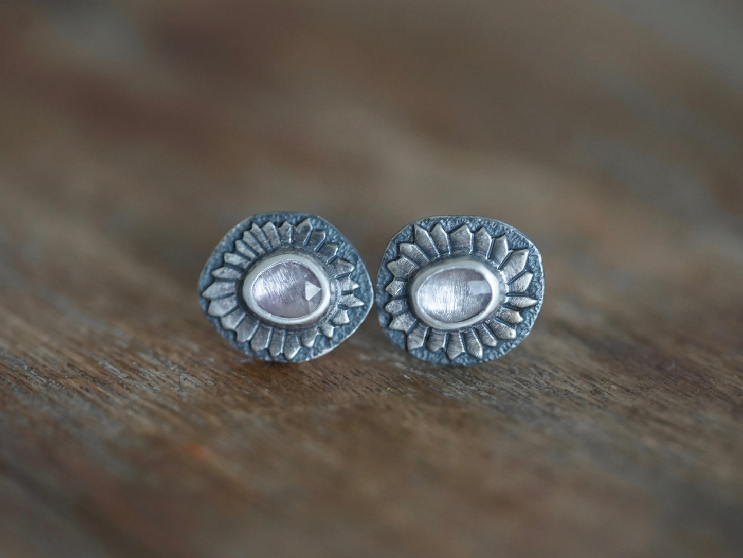 Lavender spinel and sterling silver floral earrings