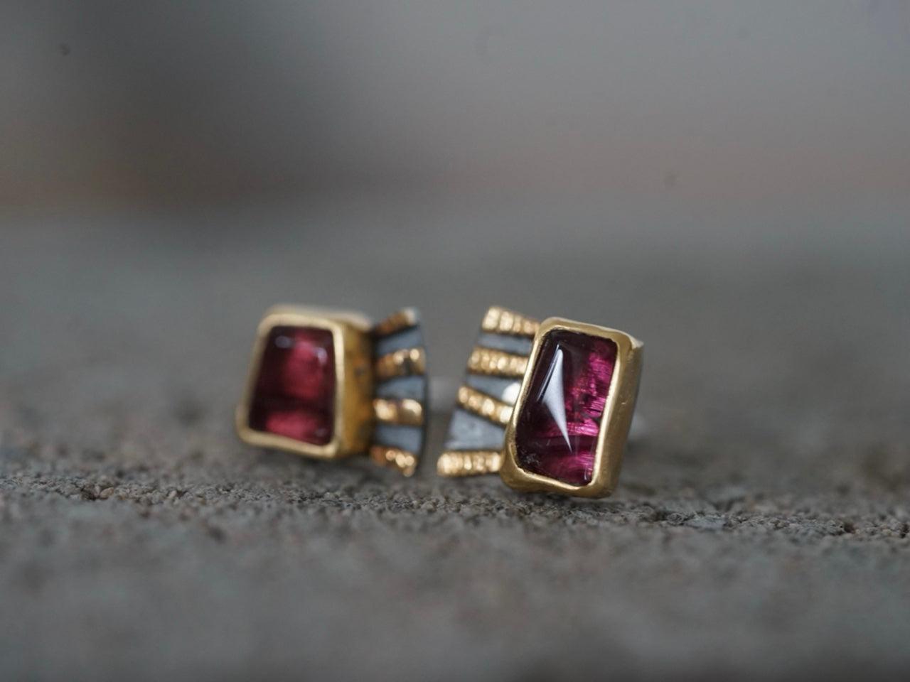 Fuchsia tourmaline and 22k gold asymmetrical post earrings