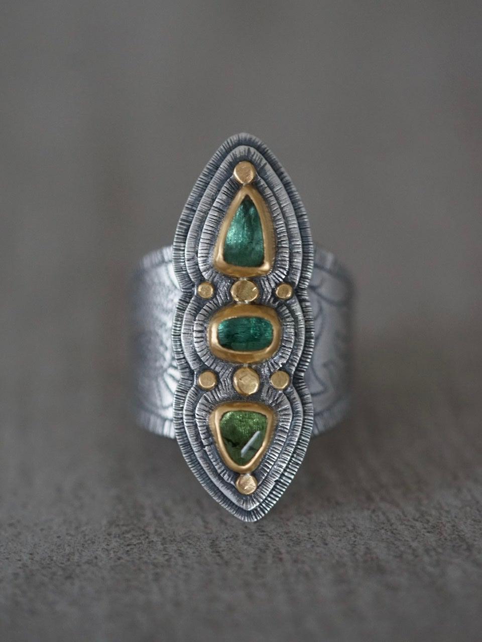 Wide green tourmaline statement ring, size 8.25