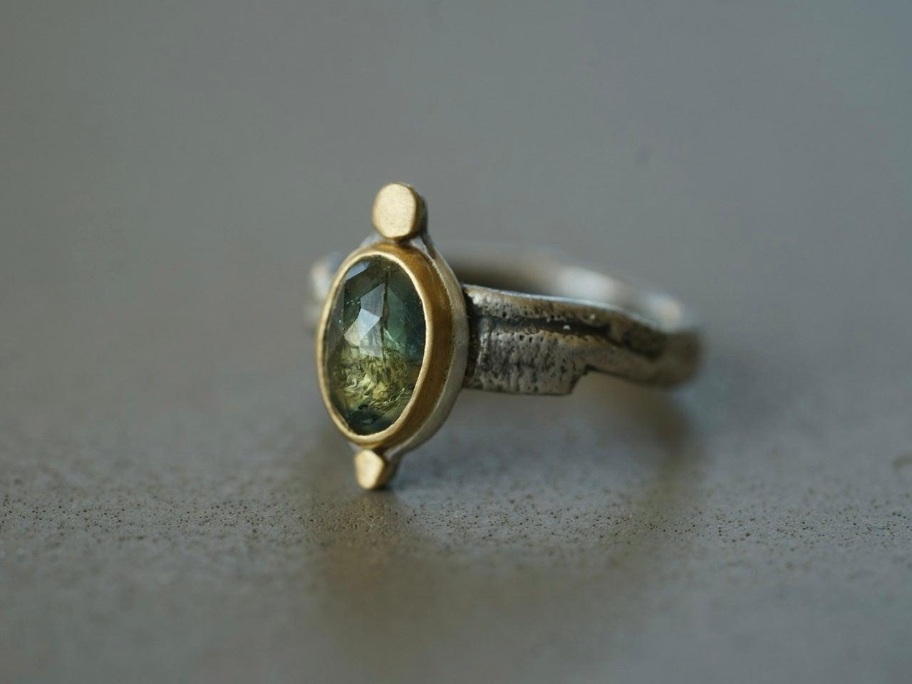 Elegant semi-translucent green sapphire and 22k gold ring, size 7