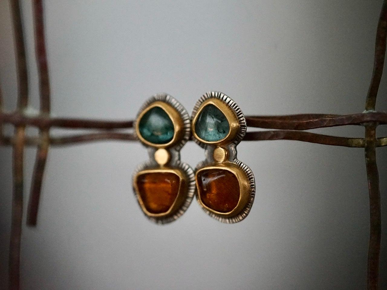 Teal and ochre tourmaline in 22k gold post earrings