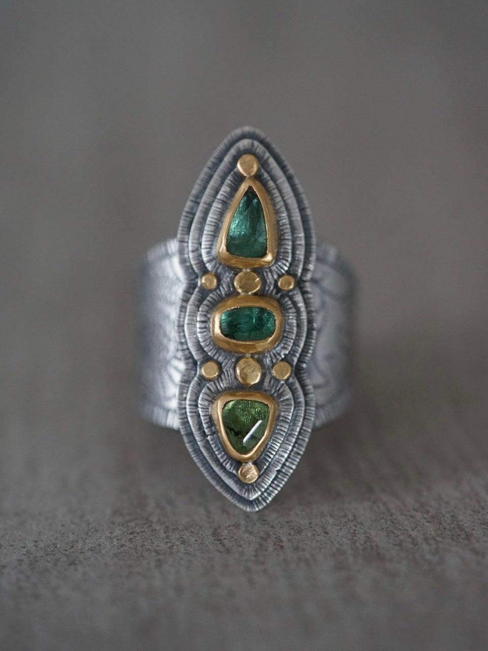 Wide green tourmaline statement ring, size 8.25