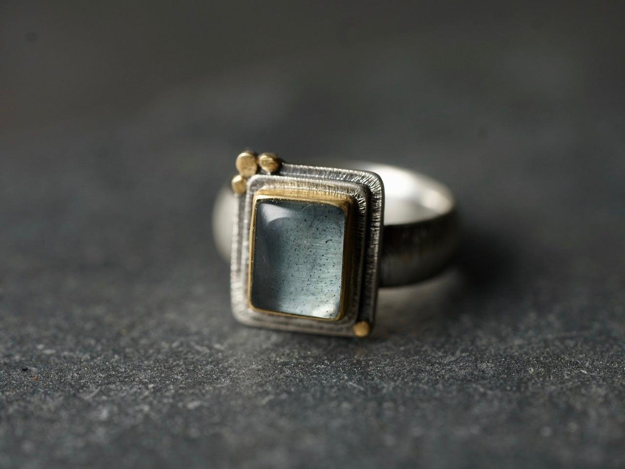 Rectangular aquamarine and 22k gold statement ring, size 7.5